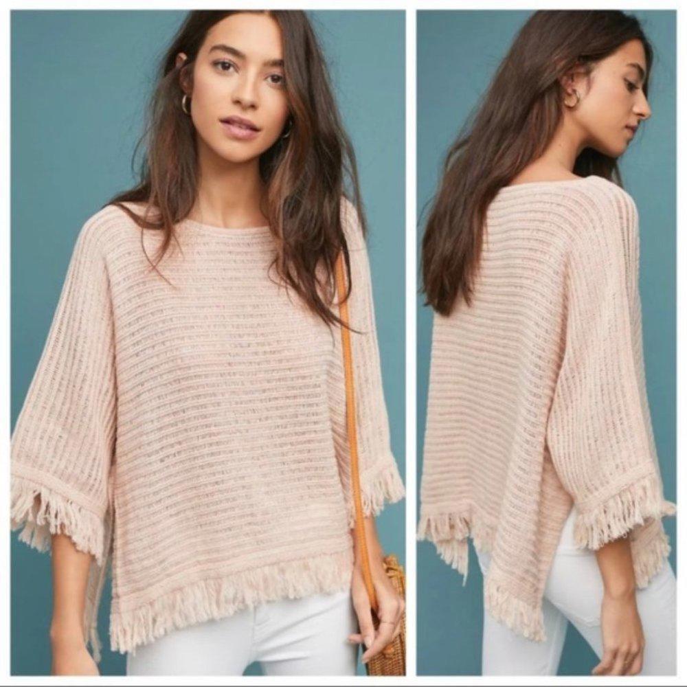 Anthropologie Blush Pink Knit Fringe Poncho Sweater
